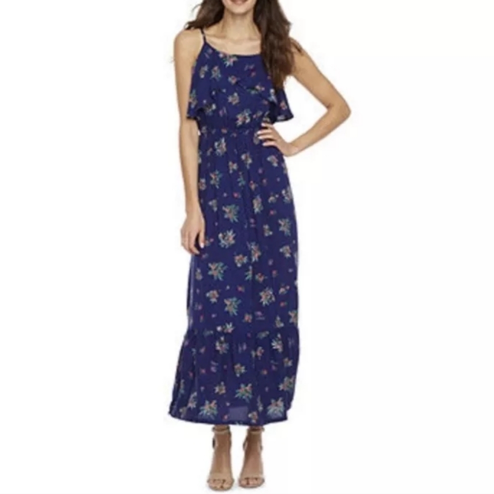Peyton & Parker Maxi Dress Size 1X Blue Floral Adjustable Straps Tiered‎ Ruffle